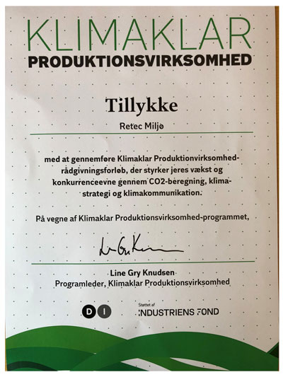 Certifikat DI Klimaklar produktionsvirksomhed - ReTec